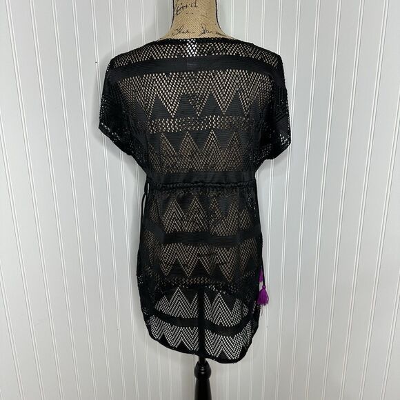 No Boundaries Black Mesh Swim Coverup Sz S Pullover Drawstring Tassel Beach NoBo - Picture 4 of 13